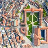 Top down view of the Saint Gallen old town with its famous monastery and  catholic cathera in Switzerland