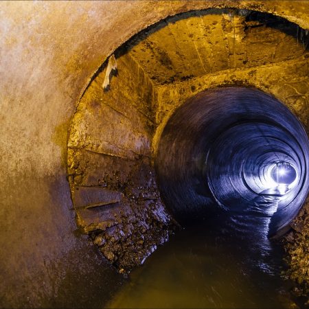 Dirty urban sewage flowing throw round sewer tunnel pipe.